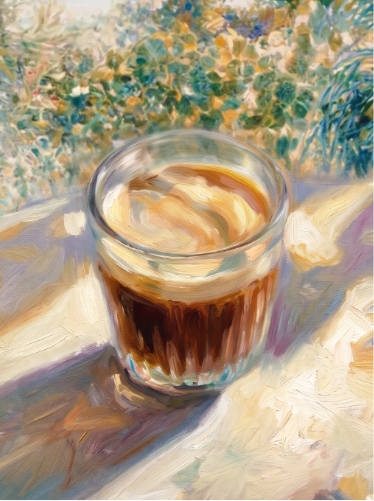 Ein Glas Kaffee im Sonnenlicht